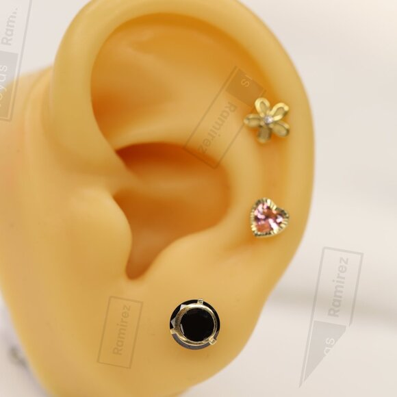 14K Solid Gold Round Stud Earrings With Black Zirconia • Fine Jewelry. - Picture 6 of 6
